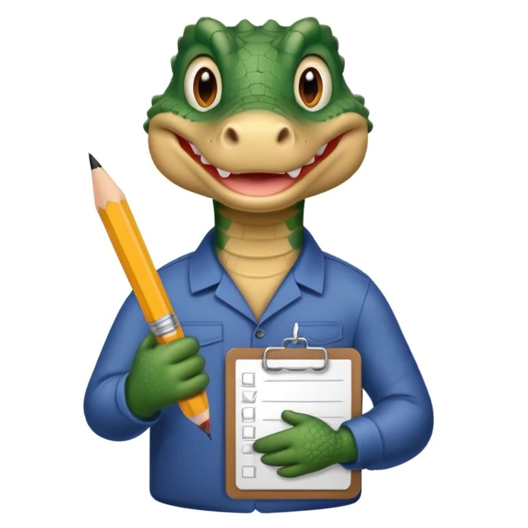 A gator with a clipboard and a pencil, offwhite background emoji