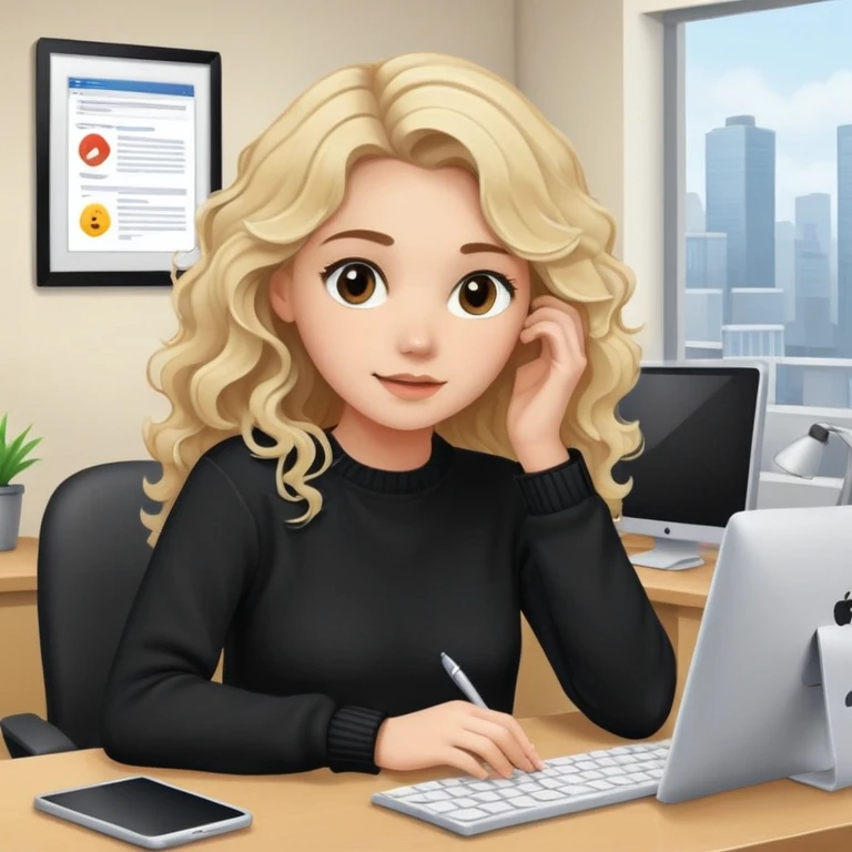 pretty brown-eyed blonde young woman with wavy hair, wearing a black sweater, working on a computer in a cozy office emoji