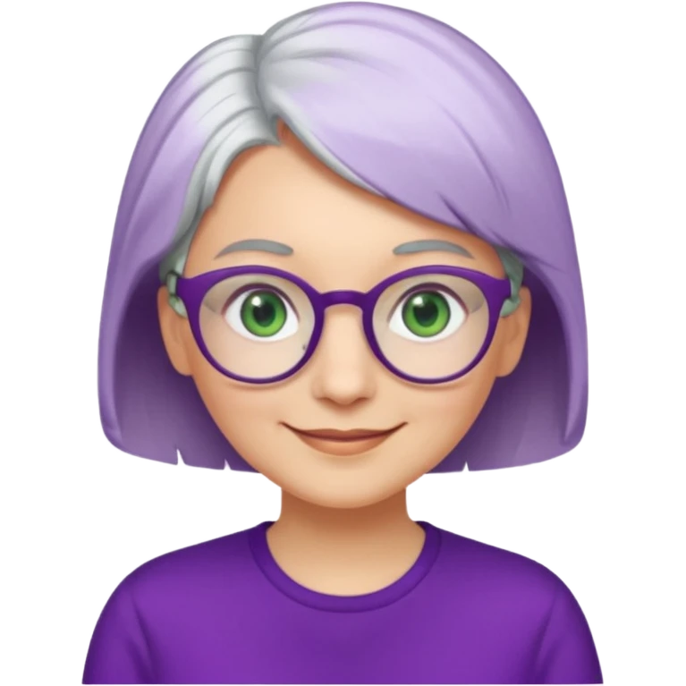 visage femme a lunettes ronde avec cheveux courts gris-blancs aux yeux verts qui souris habillé en violet emoji