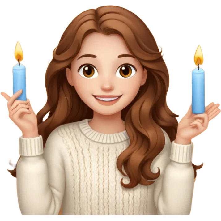 A pretty white girl with hazel brown eyes and long brown wavy hair in a cosy white knit sweater, she is celebrating her birthday and is happy emoji
