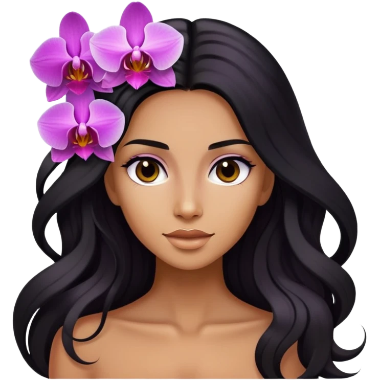 Upclose, black long hair tanned woman, orchid flowers in hair  emoji