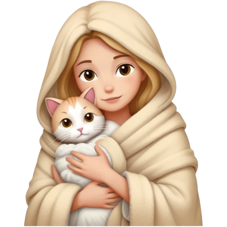 A woman wrapped in a blanket hugs a cat emoji
