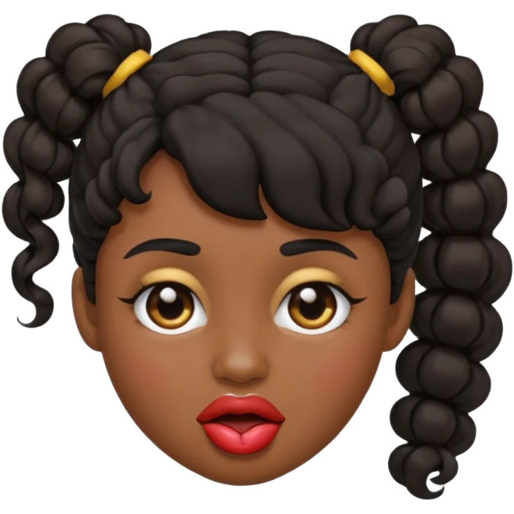 emoji sucking its lips in with one eyebrow up and the other one down dark skin and curly hair in one ponytail emoji