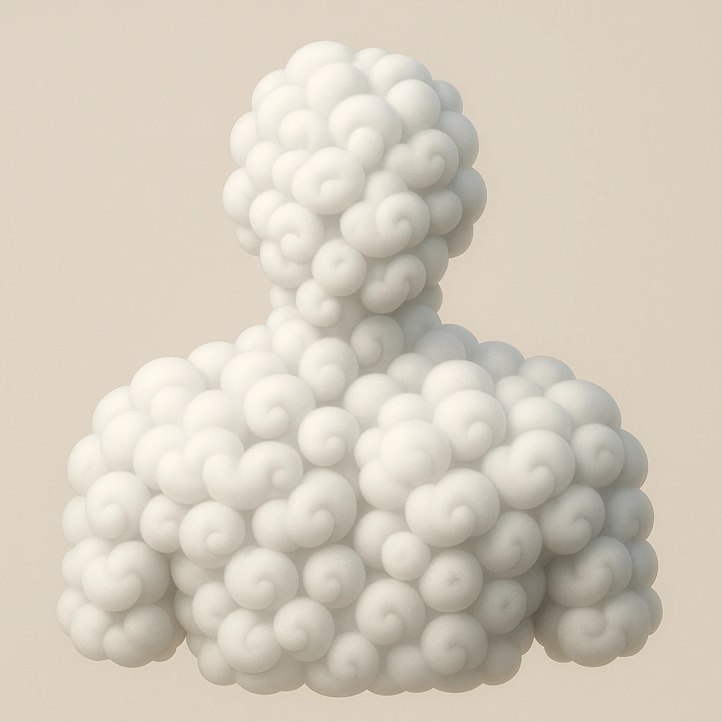 front-facing human shoulder contour filled entirely with 3D curly clouds in Apple emoji style, clouds are voluminous, white, fluffy, curly, front-facing, with realistic light and shadows emoji