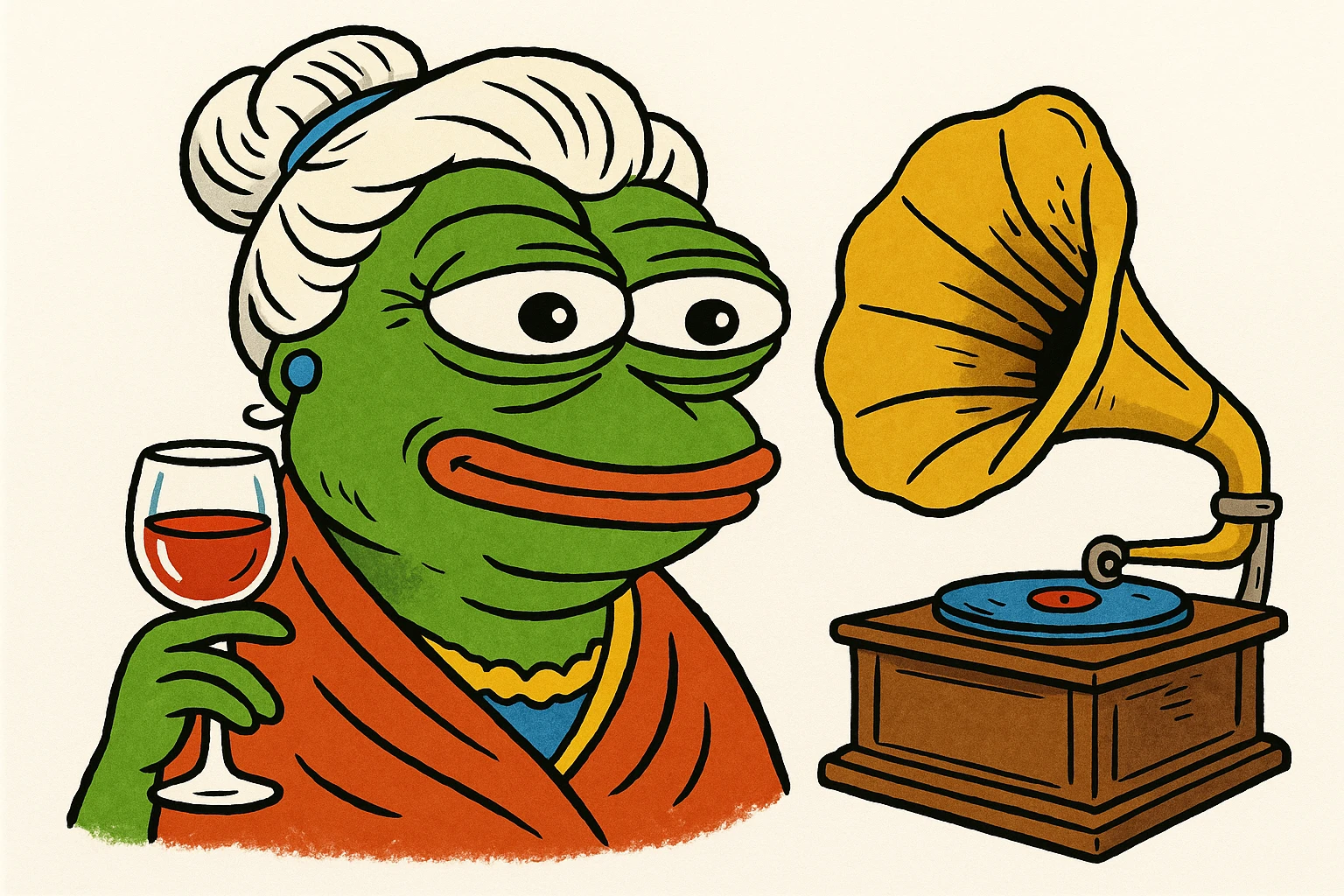 old lady with wineglass listening to gramophone emoji