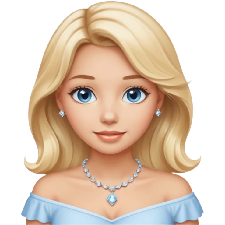 girl with mid-length soft wavy blond hair, blue eyes, light tan skin, gentle smile with light peach glossy lips, wearing a white Bardot collar top and a diamond necklace emoji