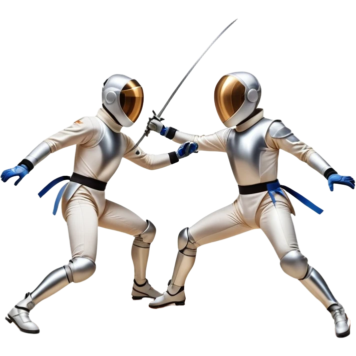 Two fencers in full protective gear duel on a professional piste, their foils clashing in mid-air. The background features a dynamic blur, symbolizing speed and precision. The scene is illuminated by bright arena lights, emphasizing the intensity of the match. Transparent background. emoji