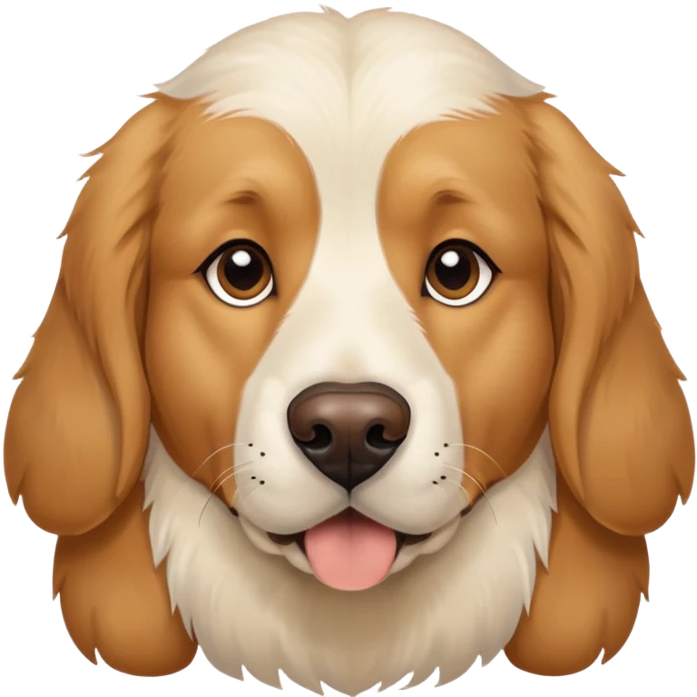 This is a big, dog with a white and brown face thats fur texture is like a golden retriever who got way too close to the camera, white face and brown ears with black around his eyes  emoji