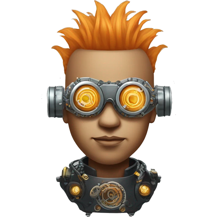 Light orange Mohawk hair male cyborg head with silver steampunk goggles and circuits emoji