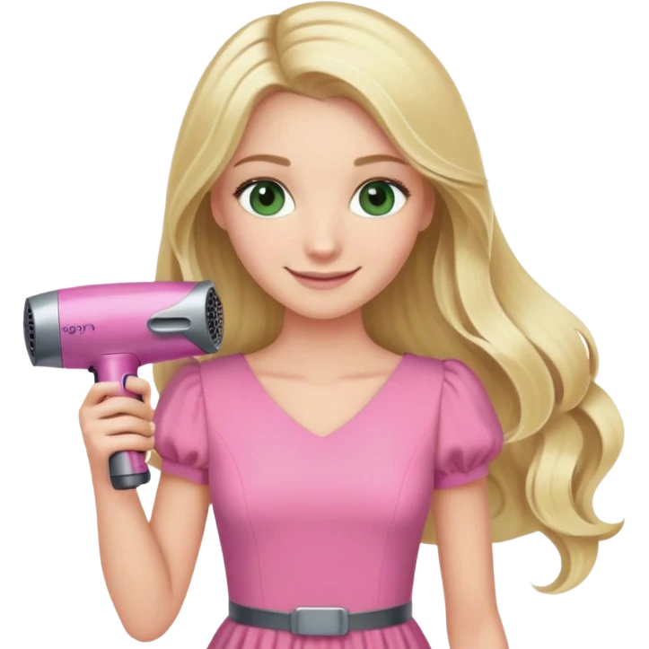 blonde with long hair and swamp eyes, wearing a pink dress, holding a Dyson hair dryer, smiling emoji