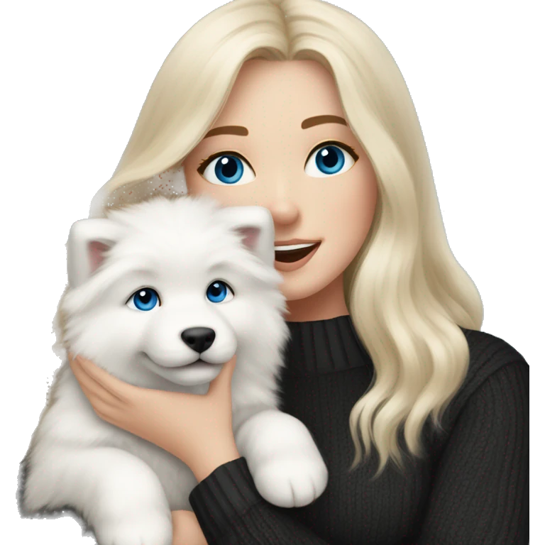 blonde girl with long hair and blue eyes in a black sweater holds a Samoyed puppy in her arms emoji