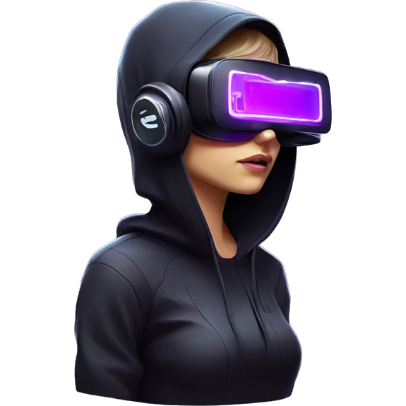 Russian girl wearing black hoody with violet letters "OMG", in vr headset. Cyberpunk style. Violet neon. emoji