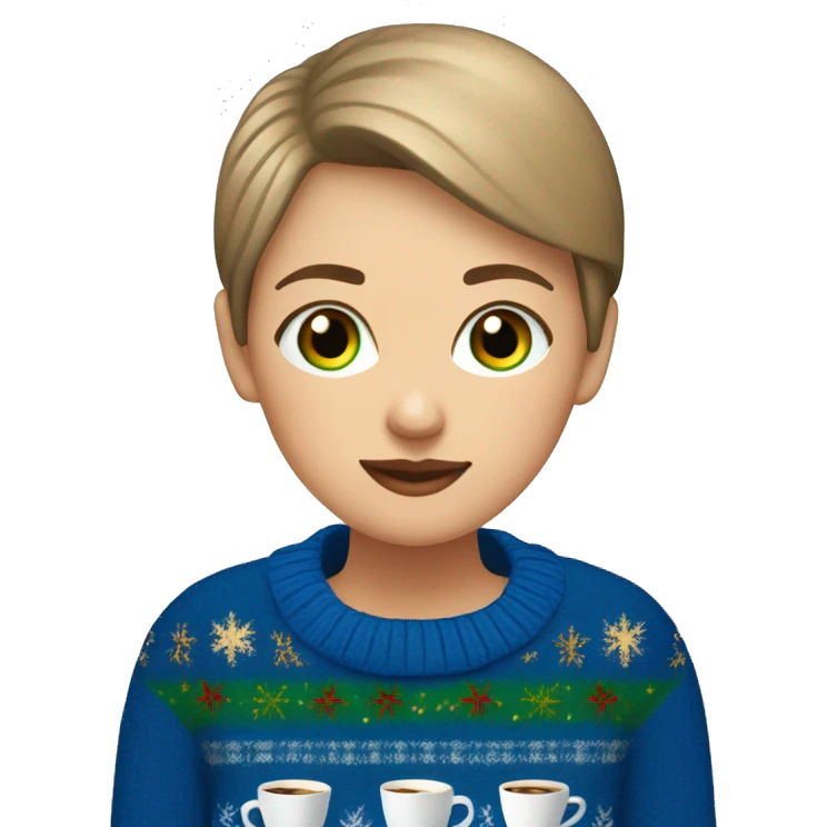 Light brown short haired girl with green eyes drinking coffee wearing blue Christmas sweater emoji
