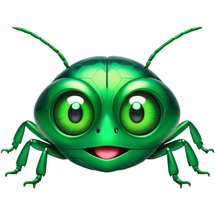 Cinematic Comical Green Bugdie Portrait Emoji, Head tilted dramatically with an exaggeratedly amused expression, featuring a striking, glossy emerald exoskeleton with bold patterns, wide, expressive multifaceted eyes filled with playful disbelief, Simplified yet hilariously expressive features, highly detailed, glowing with a slightly sassy glow, high shine, dramatic yet playful, stylized with an air of cheeky mischief, bright and endearing, soft glowing outline, capturing the essence of a spirited and over-the-top bug, so meme-worthy it feels like it could side-eye its way into internet fame instantly! emoji