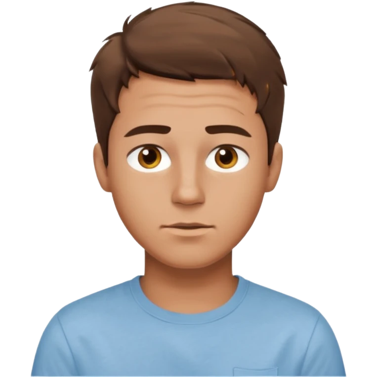 create an emoji of a young man, oval face. he has an American look, very messy brown hair, brown eyes, very slightly tanned skin, natural lips. he wears a short sleeve light blue shirt emoji