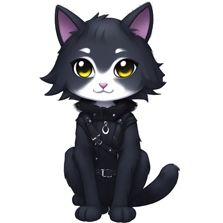 Gorgeous furry gothic dark techwear anime style anthro black cat furry sona Fakemon with blushing face aesthetic and pretty edgy black with collar and harness trending style emoji