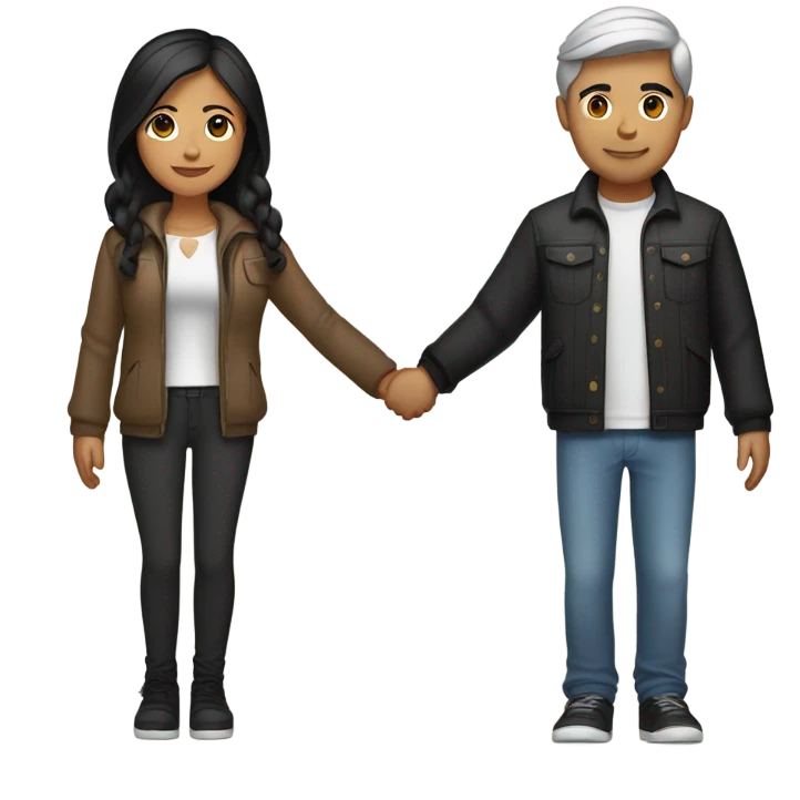 a couple holding hands. the guy has black middle part hair and is Persian and Filipino mix. the girl has brown medium length hair white and asian mix. the girl is where a crop top and the guy is wearing a jacket. emoji