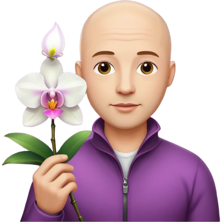 ստեղծիր մոտ 35 տարեկան քյաչալ տղամարդ, որի մի ձեռքին օրխիդեա ծաղիկ է իսկ մյուս ձեռքին լեդ լամպ emoji