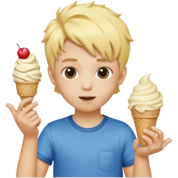 A kid with blonde icecream hair with two hands that are doing this 🫴 and flipped on the other side then have this emoji on the left hand 6️⃣ and this emoji in the other hand7️⃣ emoji