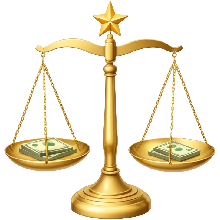 A shiny gold balance scale with dollar bills on the left side and three stars on the right side emoji