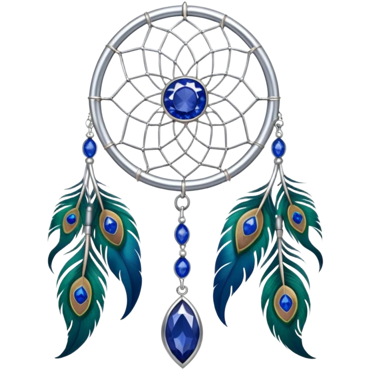 a Silver Dreamcatcher with sapphire-stones and emerald-stones, and with peacock-feathers. Big sapphire gem in the middle. Many tiny emeral gems around it.   emoji