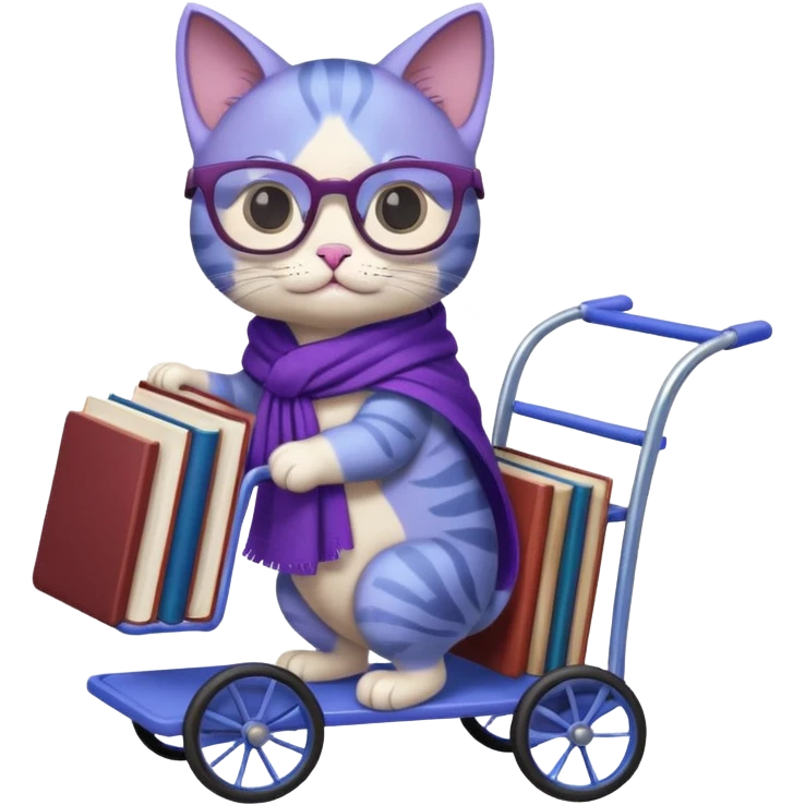 Purple and blue cat, with glasses and a shawl, pushing a 4 wheeled cart full of books emoji