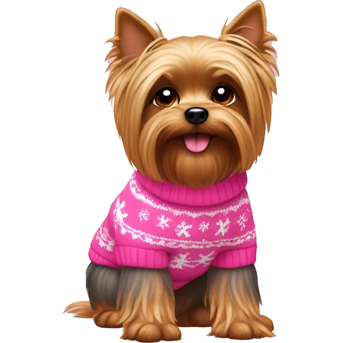 Yorky dog wearing a pink Christmas sweater sitting down emoji