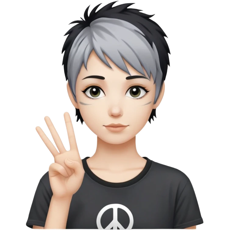 pixie shag hair black with streaks of gray, dark T-shirt with a peace sign  emoji