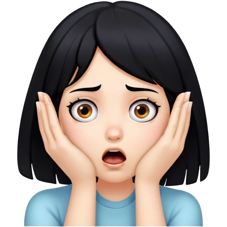 Shocked girl face with black hair and hands on face, big text saying "HELP" emoji