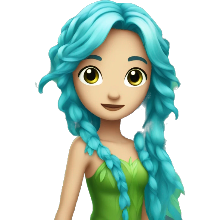 Beautiful, leaf, fairy, blue, turqoise, green, long hair, big wings, blue eyes emoji