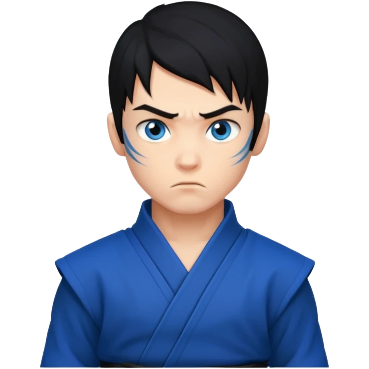 ninja boy, black modern hair, blue eyes, tattos emoji
