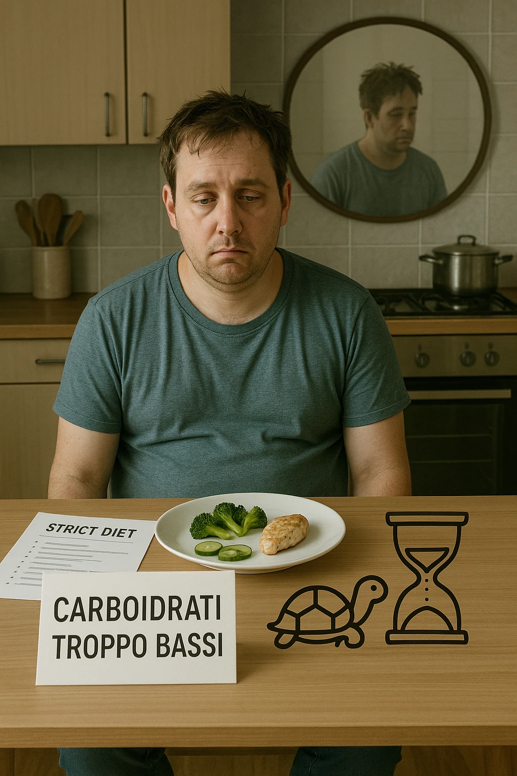 Uomo sui 35 anni in cucina, con espressione affaticata e spenta, guarda un piatto con pochissimi carboidrati (solo qualche verdura e proteine). Accanto a lui, fogli con una dieta rigida e una scritta visibile: 'Carboidrati troppo bassi'. Il suo corpo appare bloccato, senza definizione, con uno specchio alle spalle che riflette una figura stanca e senza progressi. Sul tavolo ci sono simboli che richiamano il metabolismo rallentato: una tartaruga, una clessidra ferma. emoji