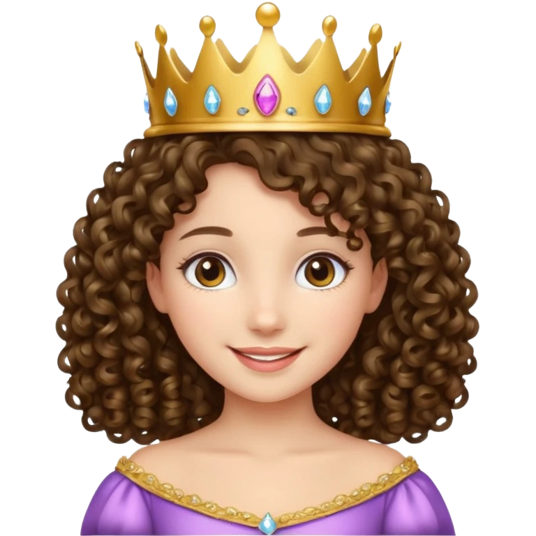 A brunette curly hair girl with a princess crown smiling gently. emoji