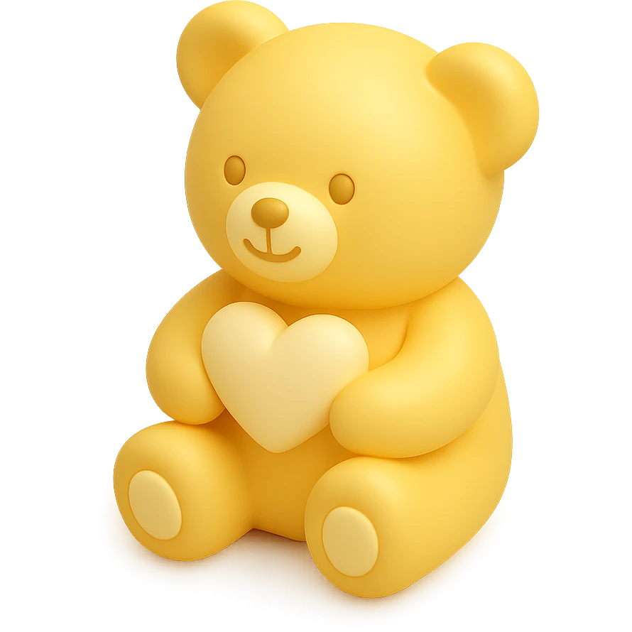 3D yellow toy bear, holding a heart, smiling emoji