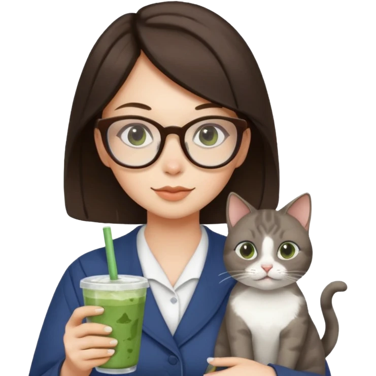 a brunette woman in here 30S drinking an iced matcha, carrying a grey cat and a map of the world emoji