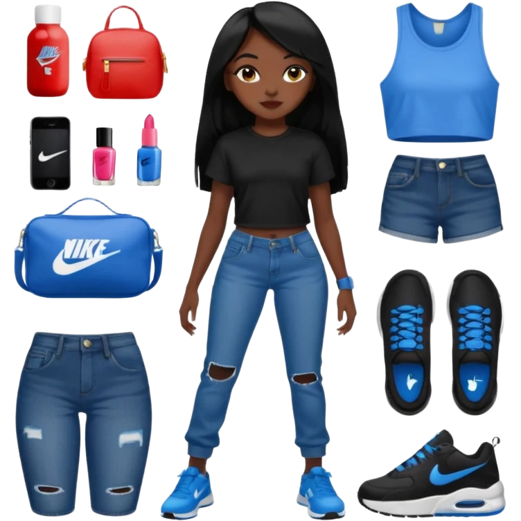 face girl with nails and cute make up black girl strait hair super long  top and slim body and baggy jeans and nike choes emoji