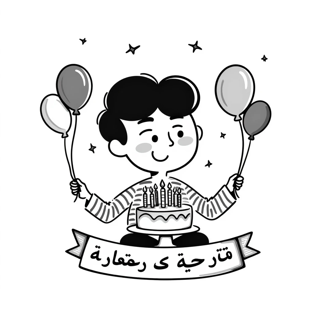 A very colorful, vibrant illustration of a happy little boy celebrating with a birthday cake with lit candles, colorful balloons and decorations. Include large, clear Persian text at the bottom that says: "امیدرضا جان تولدت مبارک" emoji