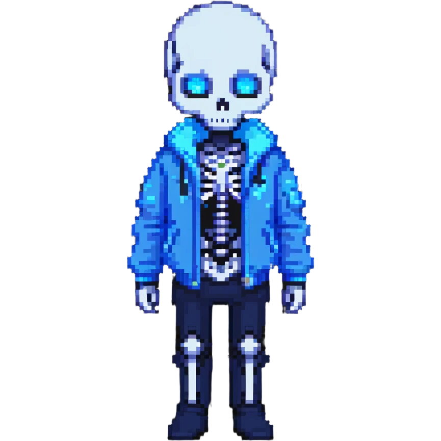 Sans skeleton character from Undertale with blue jacket and glowing blue eye emoji