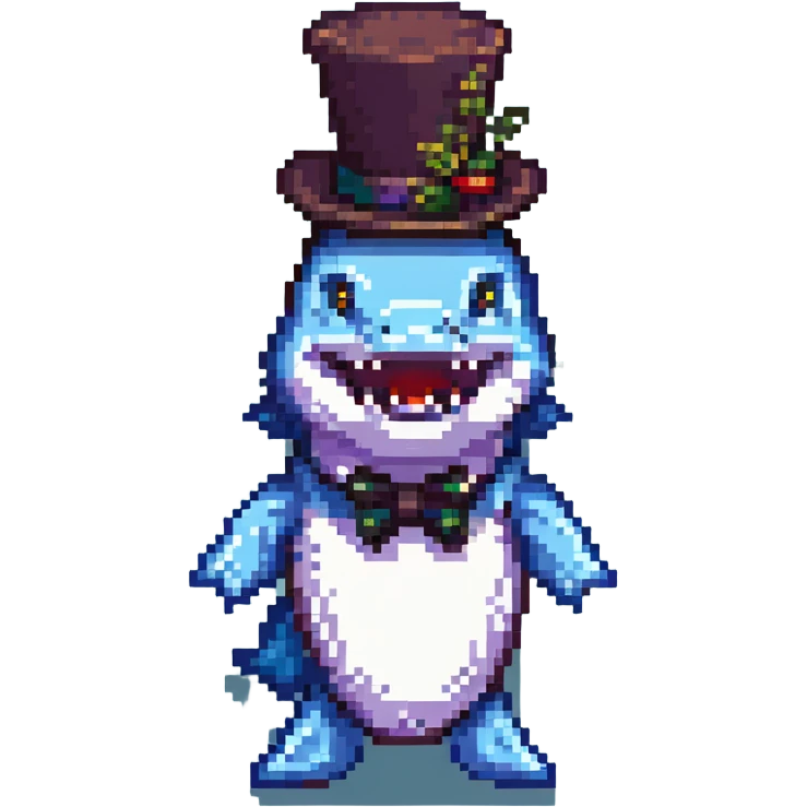 pixel art shark with a top hat, retro video game style emoji