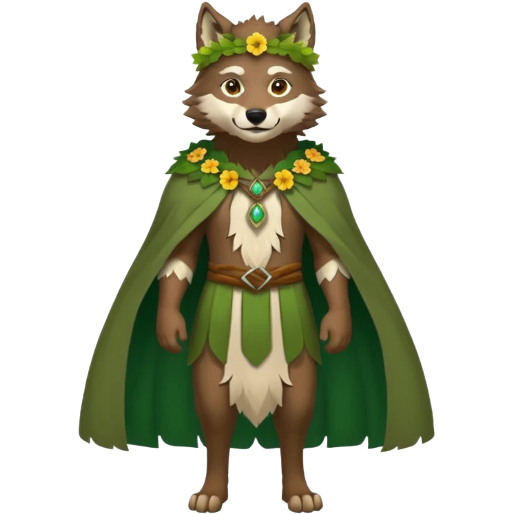 wolf dressed as a druid, flower crown, green cape, full body icon emoji
