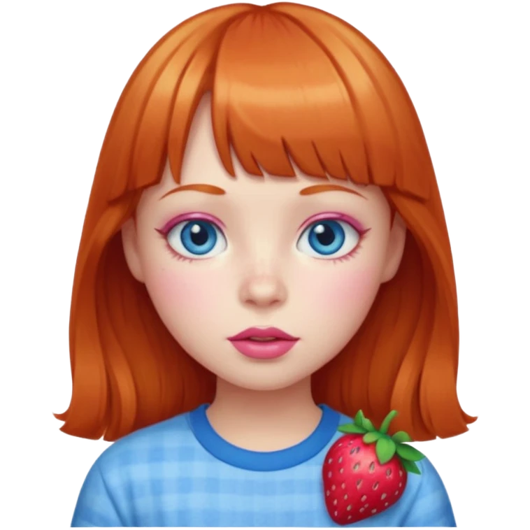 Ginger girl with bangs, big blue eyes, pink lips and cheeks, strawberry shirt  emoji