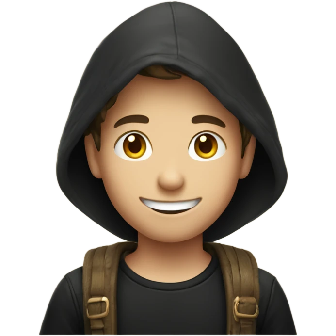 smiling boy in black shirt and with a hunter hut emoji