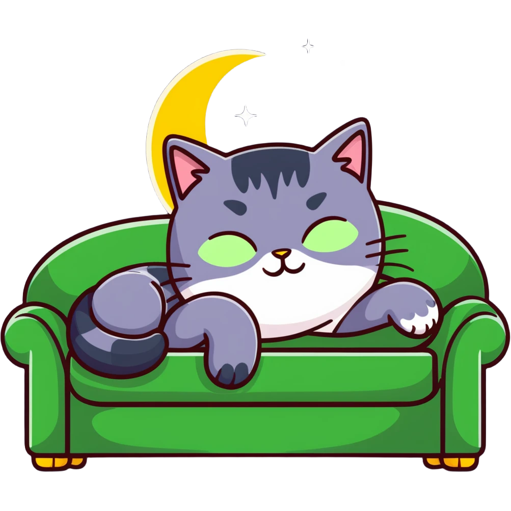 tricolor fluffy cat with big green eyes sleeping on a sofa with a moon above her emoji
