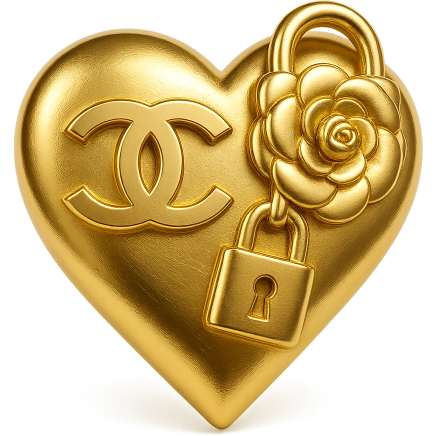 Chanel heart in metallic gold style with a camellia flower and a lock, symbolizing luxury and security emoji