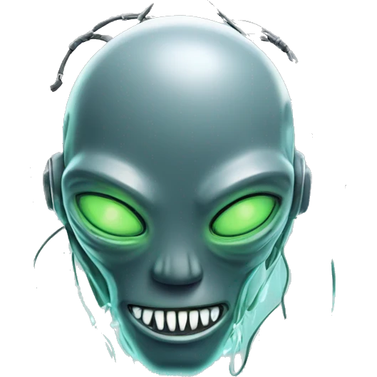 Alien robot head with glowing wires and white teeth  emoji