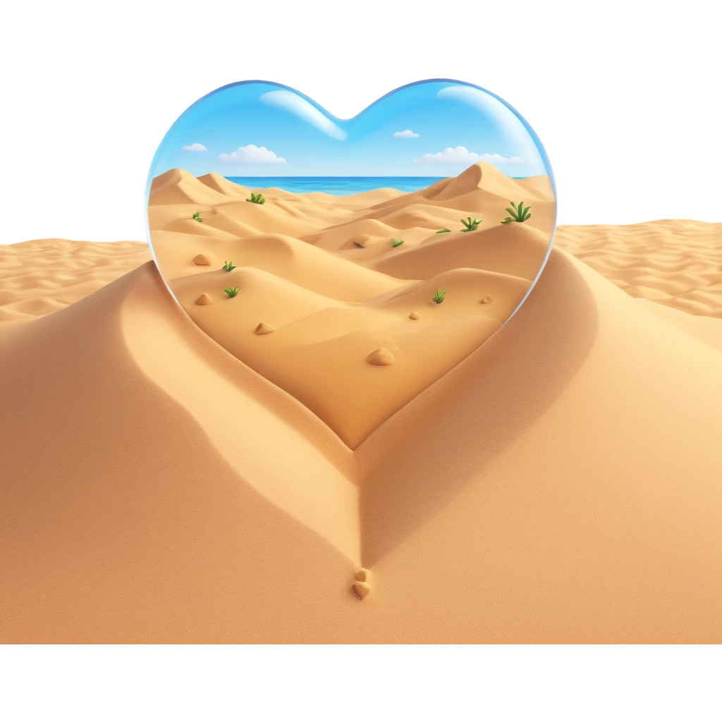heart-shaped transparent emoji with only sand dunes inside, no cactus or plants, realistic glass and sand emoji