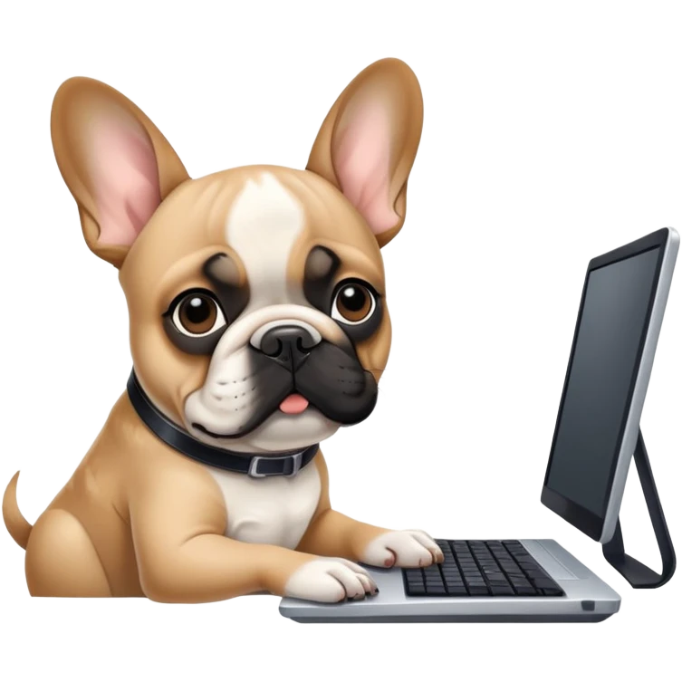 Fawn Frenchie with black muzzle working behind computer emoji