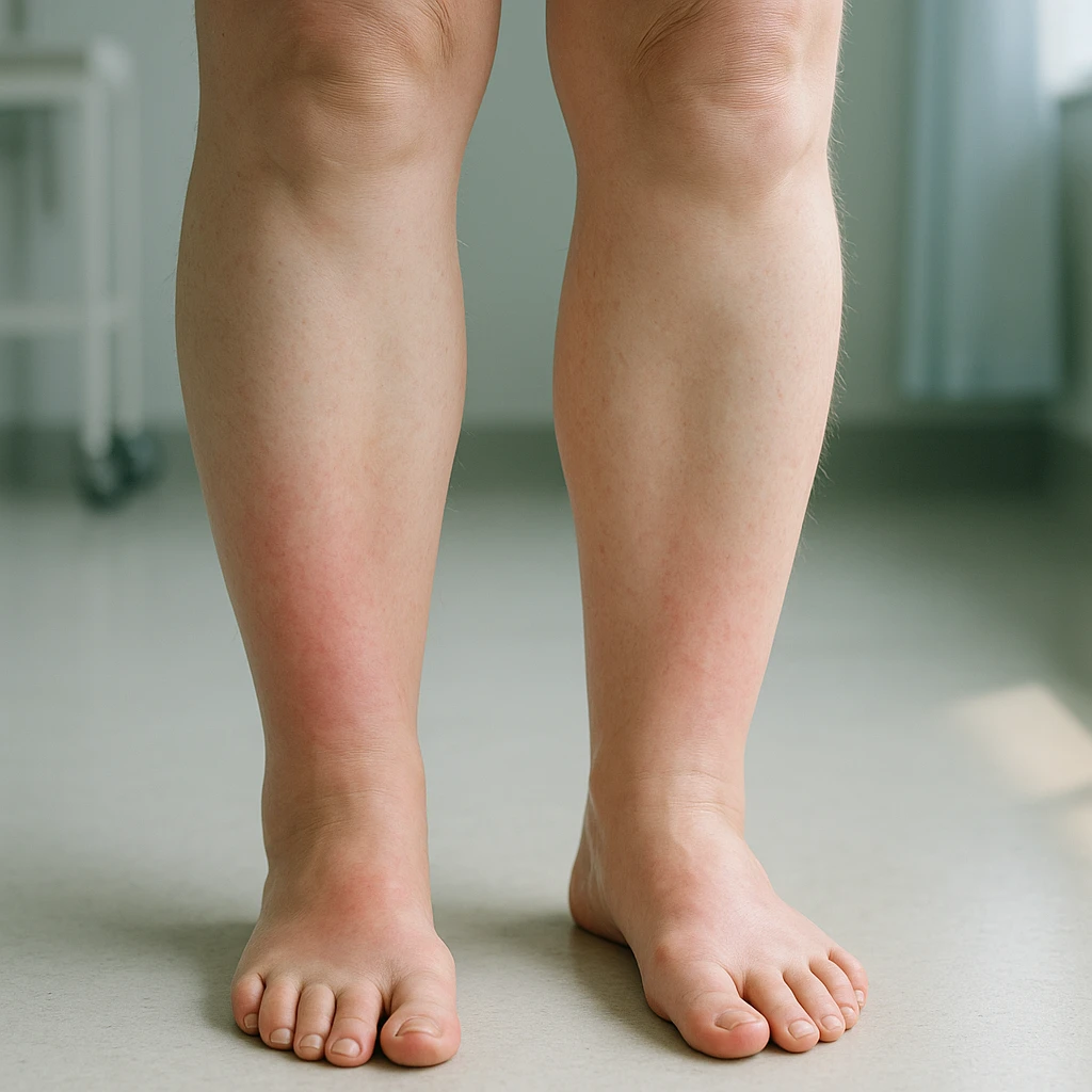 Hyperrealistic human legs in the phase of disinflamation, skin with redness and swelling decreasing, areas gradually transitioning from red to normal, clinical atmosphere, natural light, 4K details. Variant 2, more evident improvement. emoji