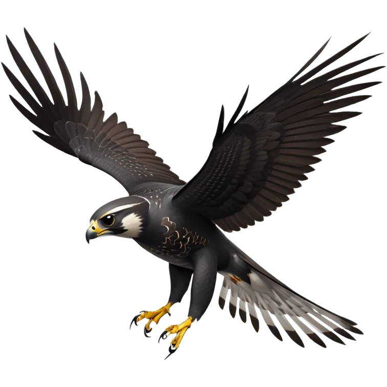 cinematic-peragrin falcon-realistic-full-body-diving-emoji,-sleek-aerodynamic-frame-plummeting-through-the-air-with-lightning-speed,-razor-sharp-talons-poised-for-the-strike,-feathered-wings-angled-for-maximum-precision,-keen-dark-eyes-locked-onto-its prey, white underside with black dotted feathers emoji