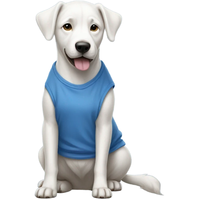 A fully white dog with a blue tank-top also with blue baggy jeans emoji